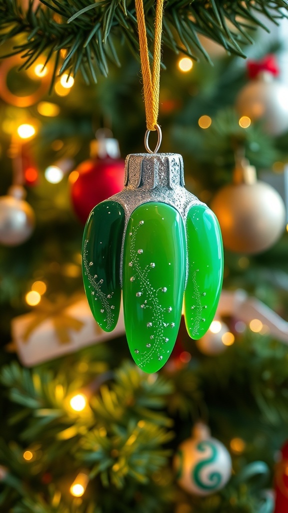 A green Christmas nail ornament with glitter hanging on a decorated tree.